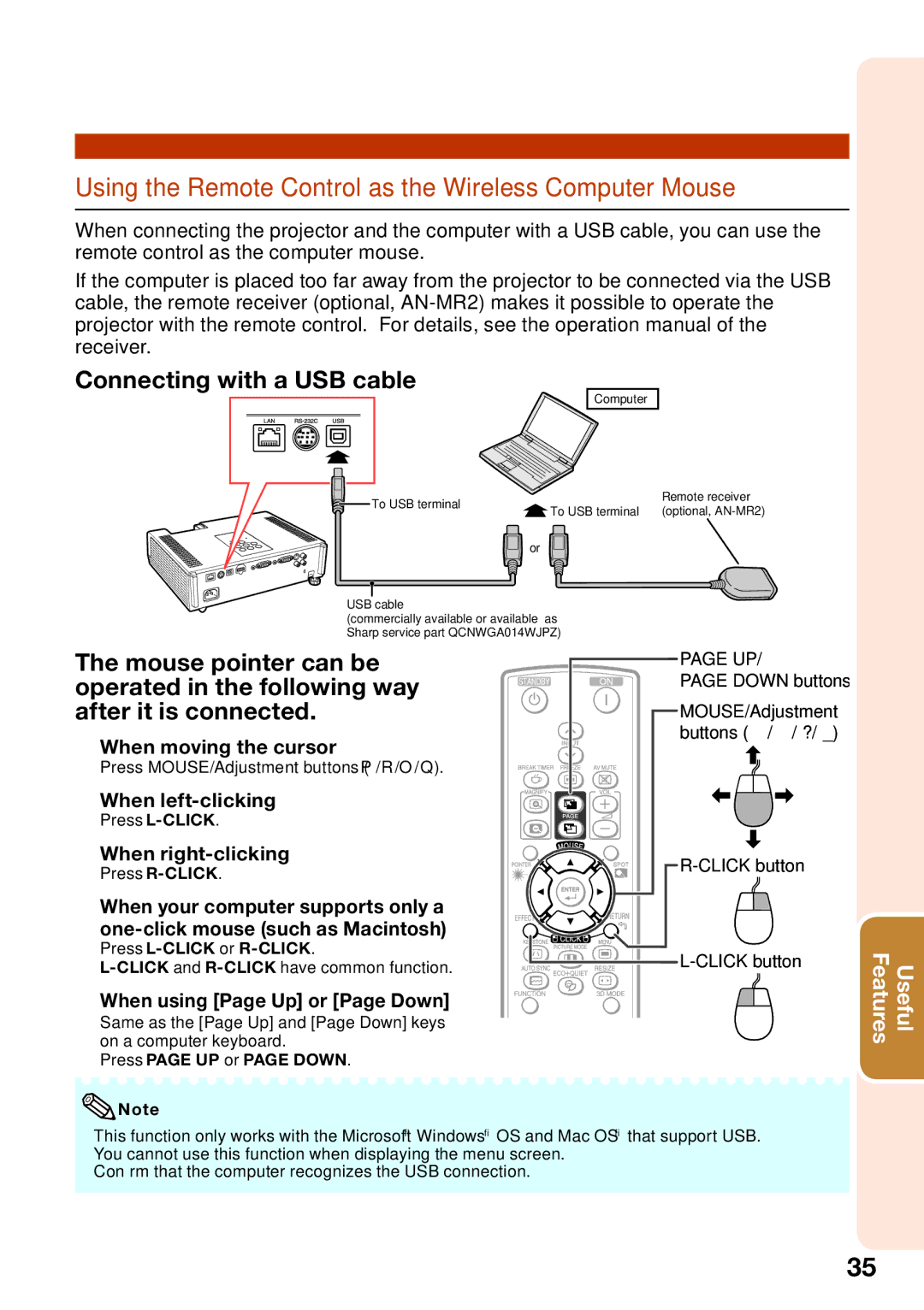 Sharp PG-D2870W Using the Remote Control as the Wireless Computer Mouse, When moving the cursor, When left-clicking 