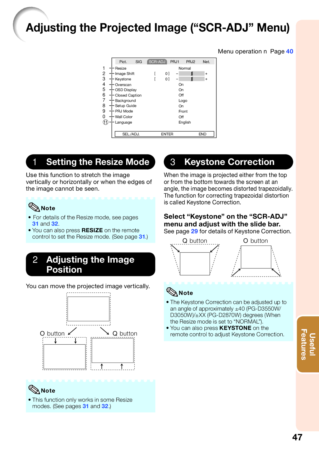 Sharp PG-D2870W, PG-D3050W appendix Adjusting the Projected Image SCR-ADJ Menu, Setting the Resize Mode, Keystone Correction 