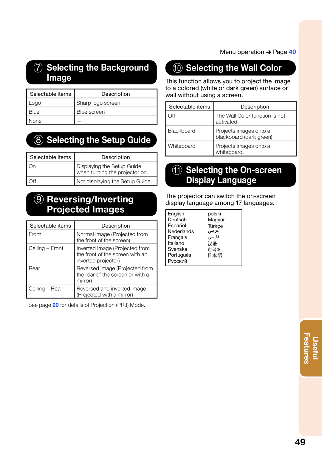 Sharp PG-D3550W, PG-D2870W Selecting the Background Image, Selecting the Setup Guide, Reversing/Inverting Projected Images 