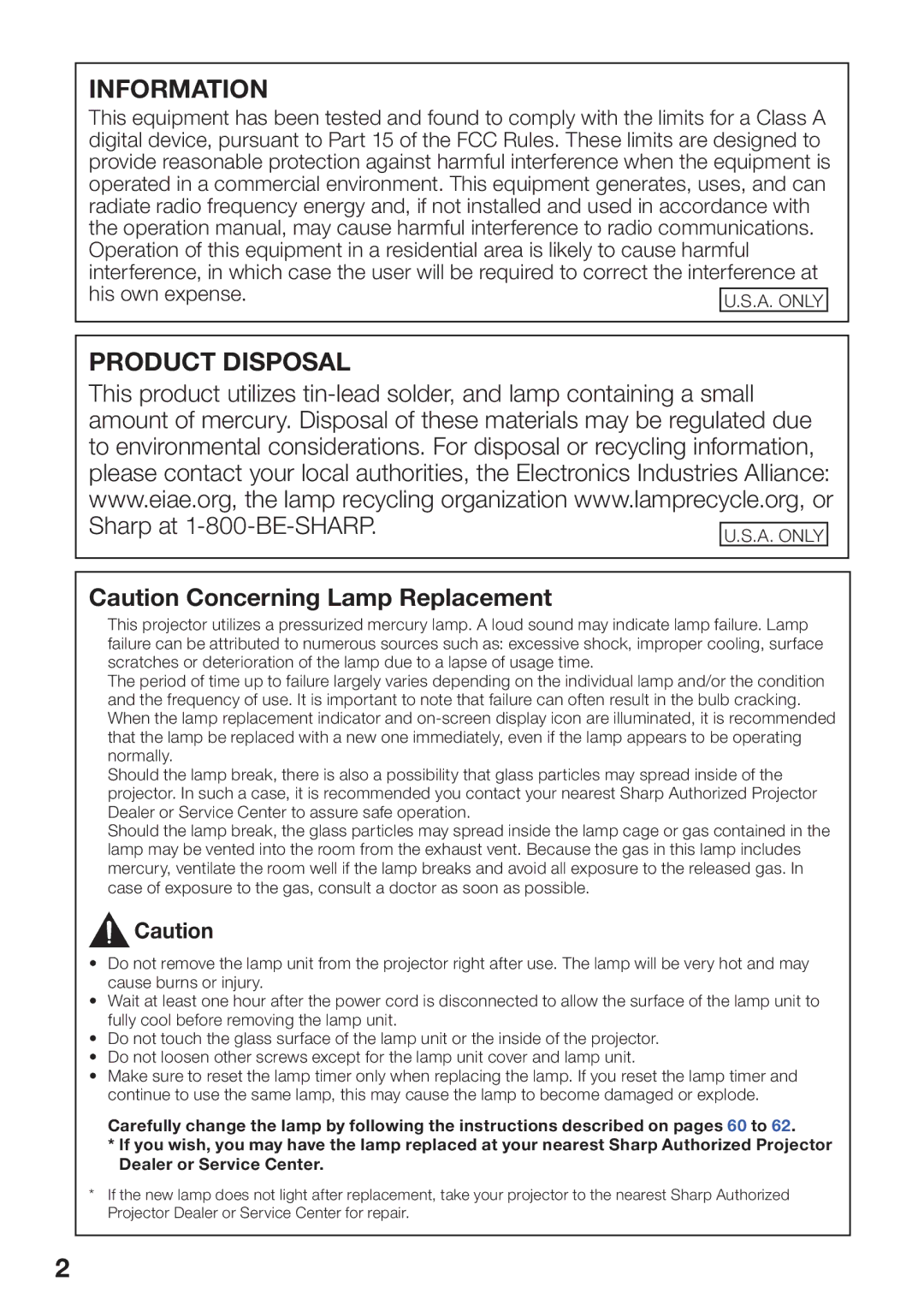 Sharp PG-D2870W, PG-D3050W, PG-D3550W appendix Information Product Disposal 