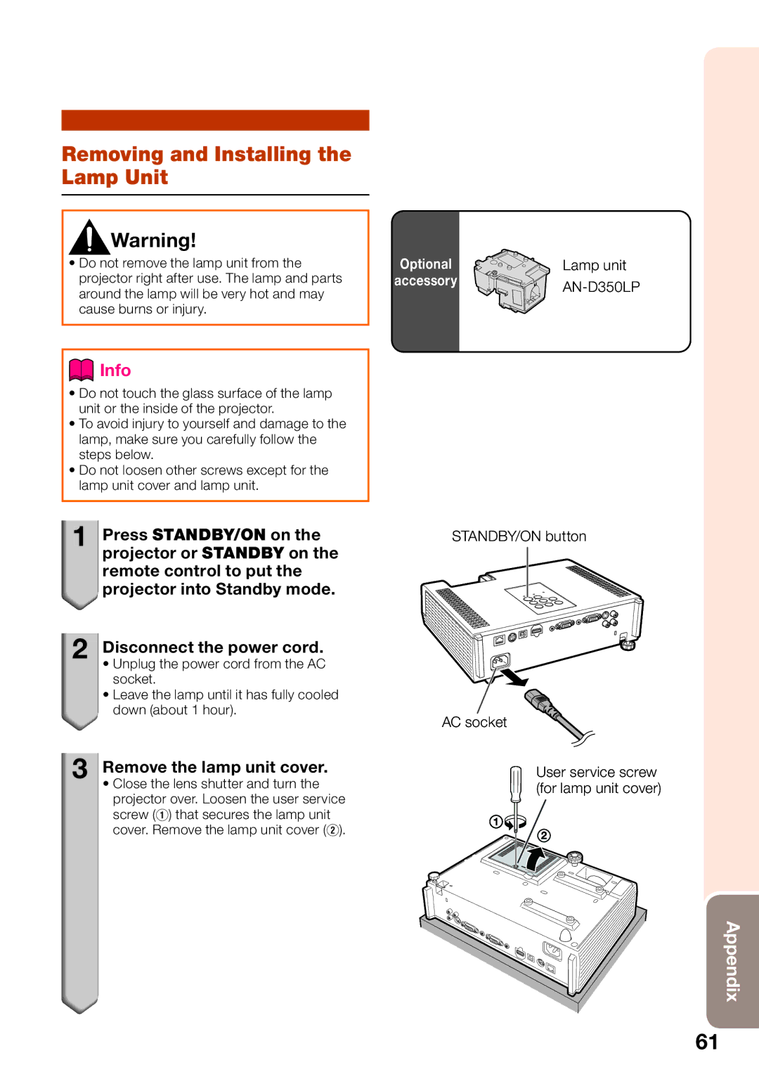 Sharp PG-D3550W Removing and Installing the Lamp Unit, Remove the lamp unit cover, Lamp unit, STANDBY/ON button AC socket 