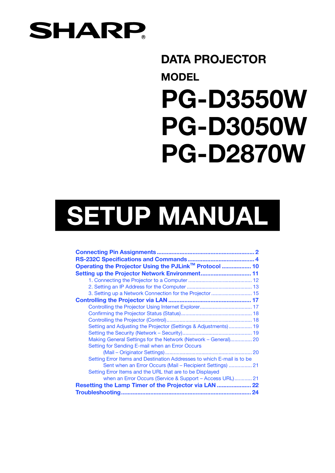 Sharp PG-D3050W, PG-D2870W, PG-D3550W specifications Setup Manual 