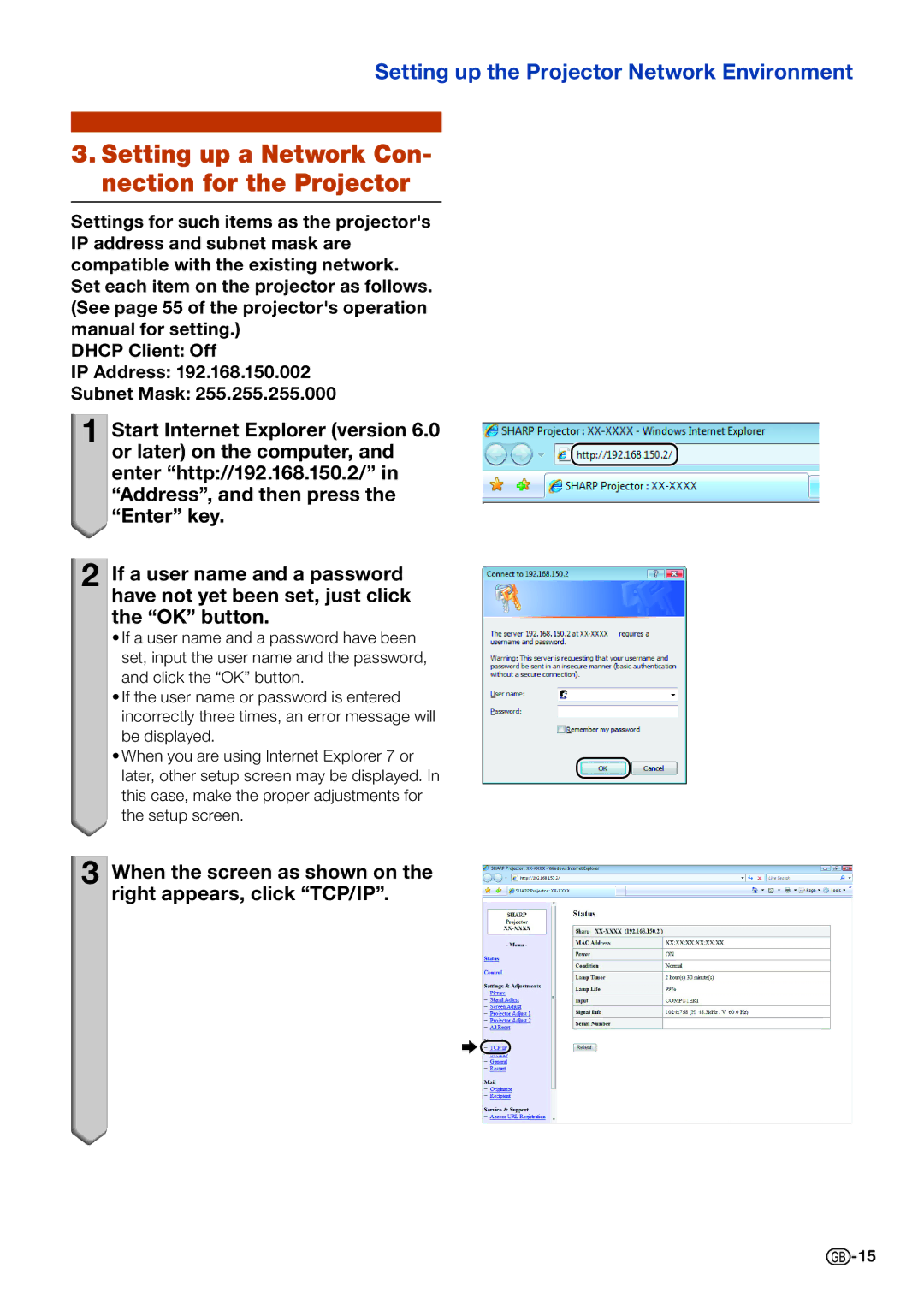 Sharp PG-D2870W, PG-D3050W, PG-D3550W specifications Setting up a Network Con- nection for the Projector 