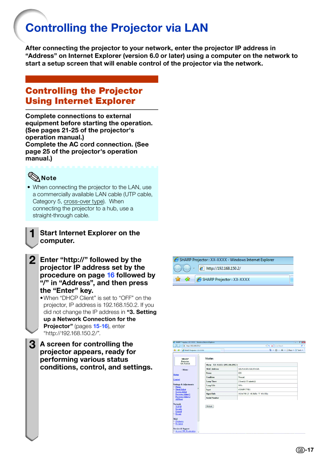 Sharp PG-D3550W, PG-D2870W, PG-D3050W Controlling the Projector via LAN, Controlling the Projector Using Internet Explorer 