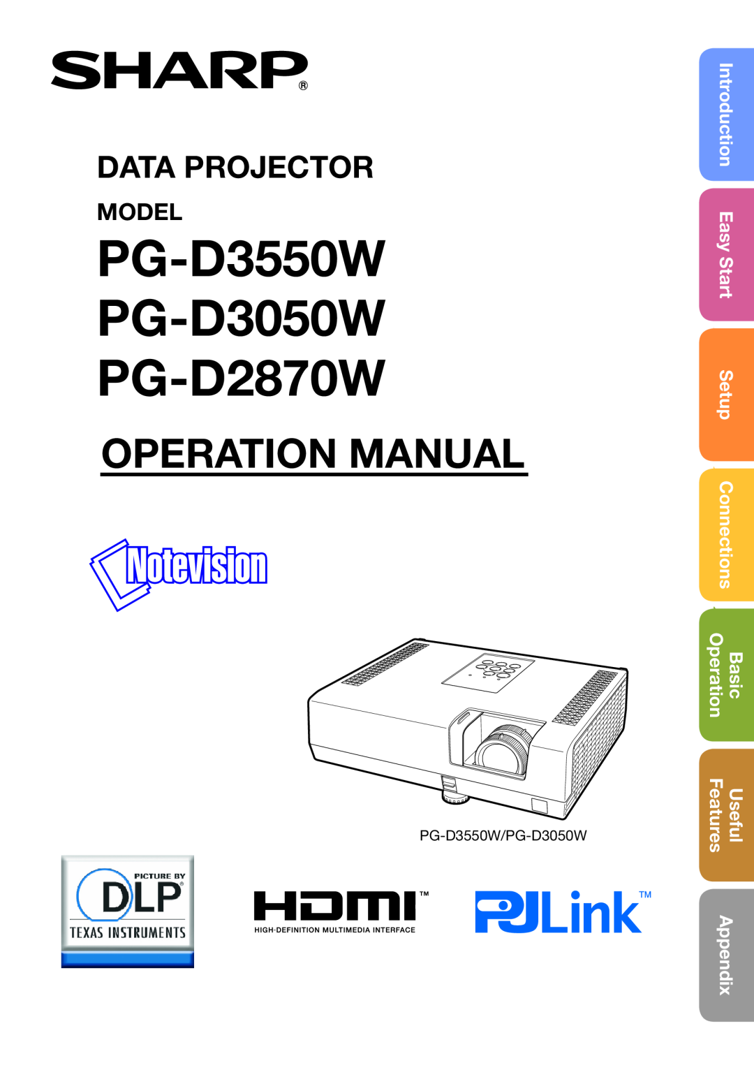 Sharp PG-D3050W appendix Introduction, Easy Start, Connections, Operation, Basic, Features, Useful, Appendix, Setup, Model 