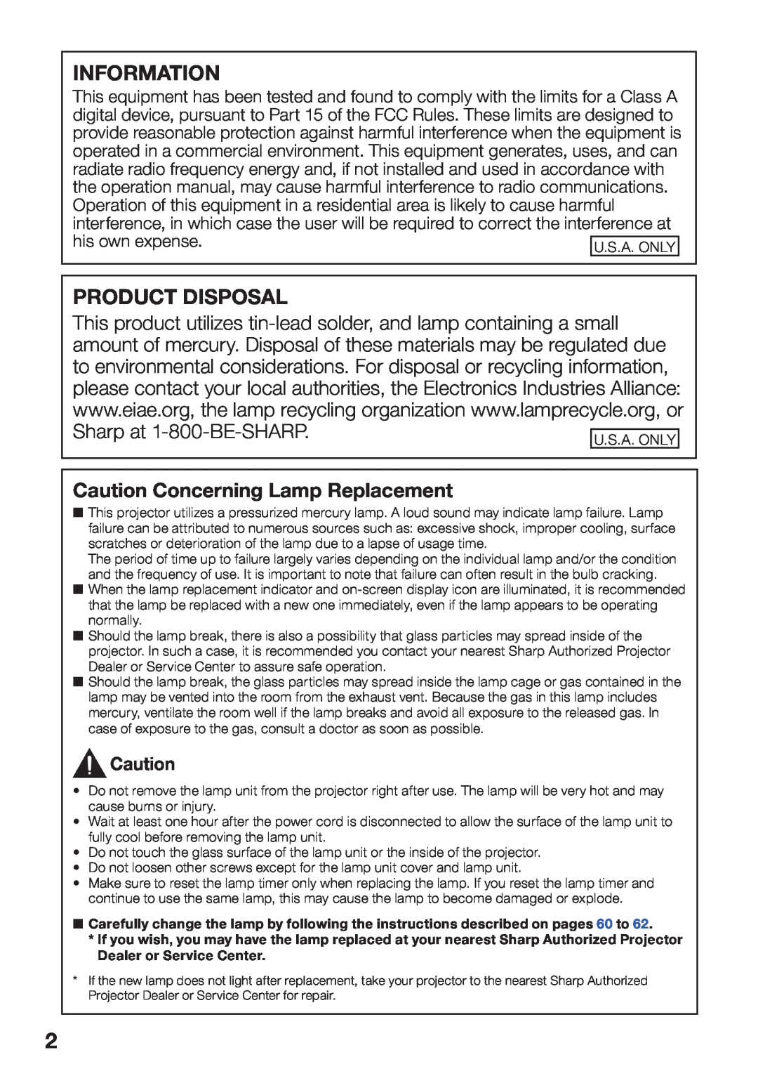 Sharp PG-D2870W, PG-D3050W, PG-D3550W appendix Information, Product Disposal, Caution Concerning Lamp Replacement 