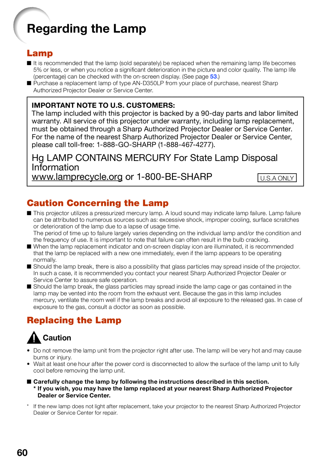 Sharp PG-D3050W Regarding the Lamp, Hg LAMP CONTAINS MERCURY For State Lamp Disposal Information, Replacing the Lamp 