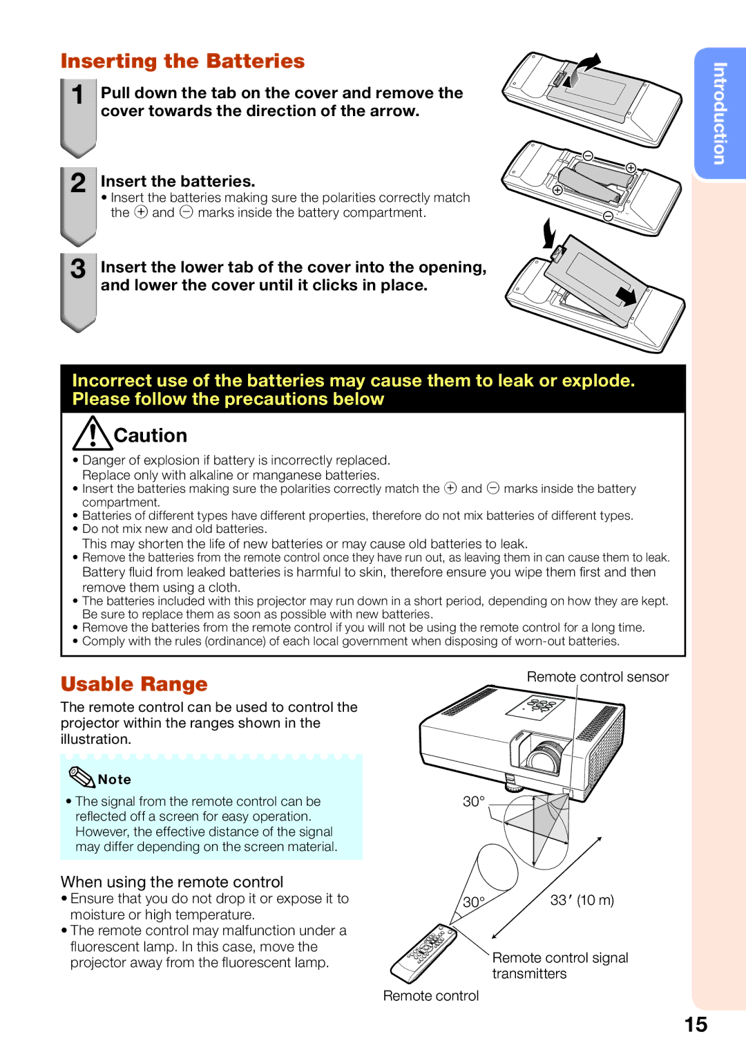 Sharp PG-D2710X, PG-D3510X, PG-D3010X appendix Inserting the Batteries, Usable Range, Remote control signal transmitters 