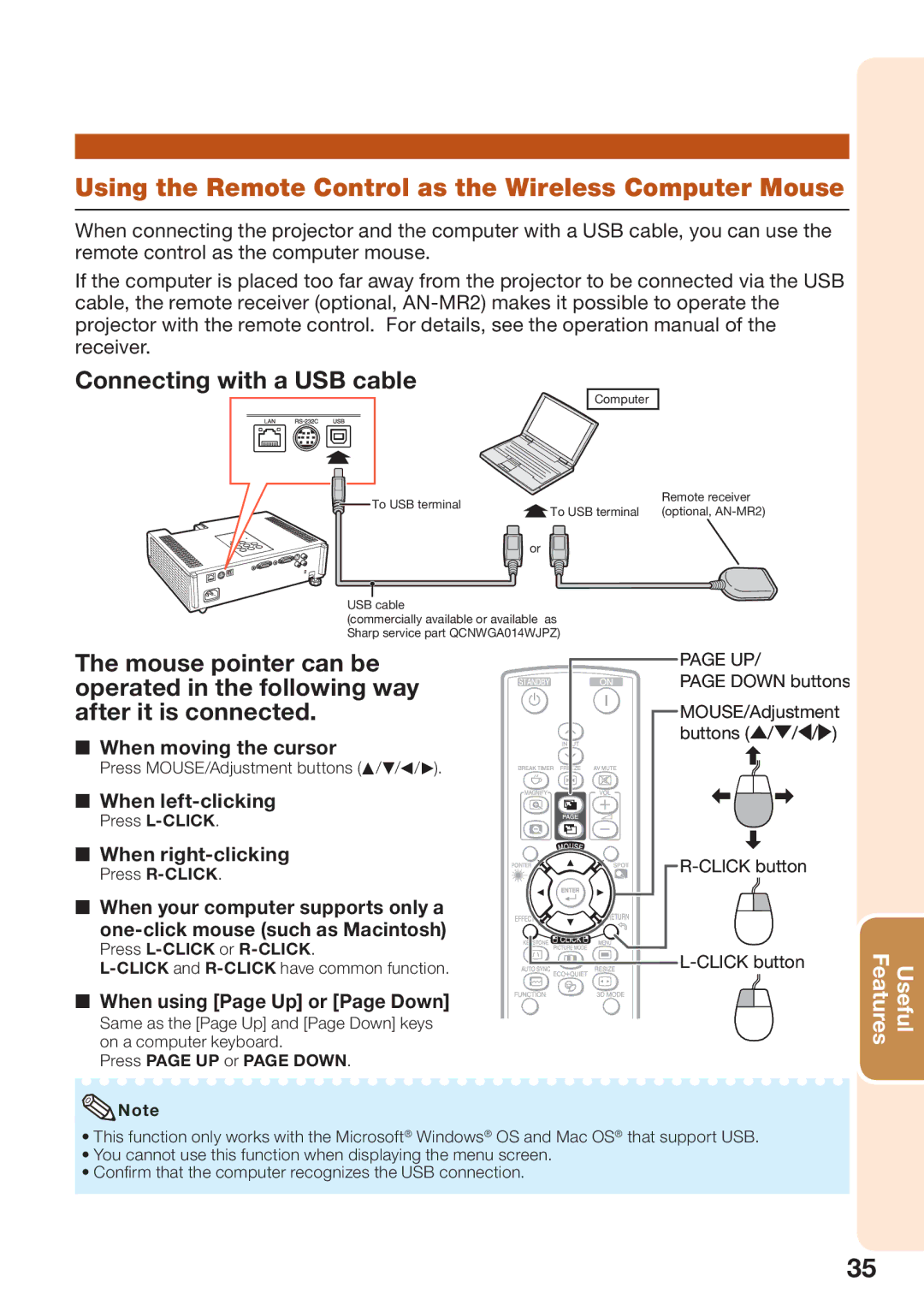 Sharp PG-D3510X Using the Remote Control as the Wireless Computer Mouse, When moving the cursor, When left-clicking 