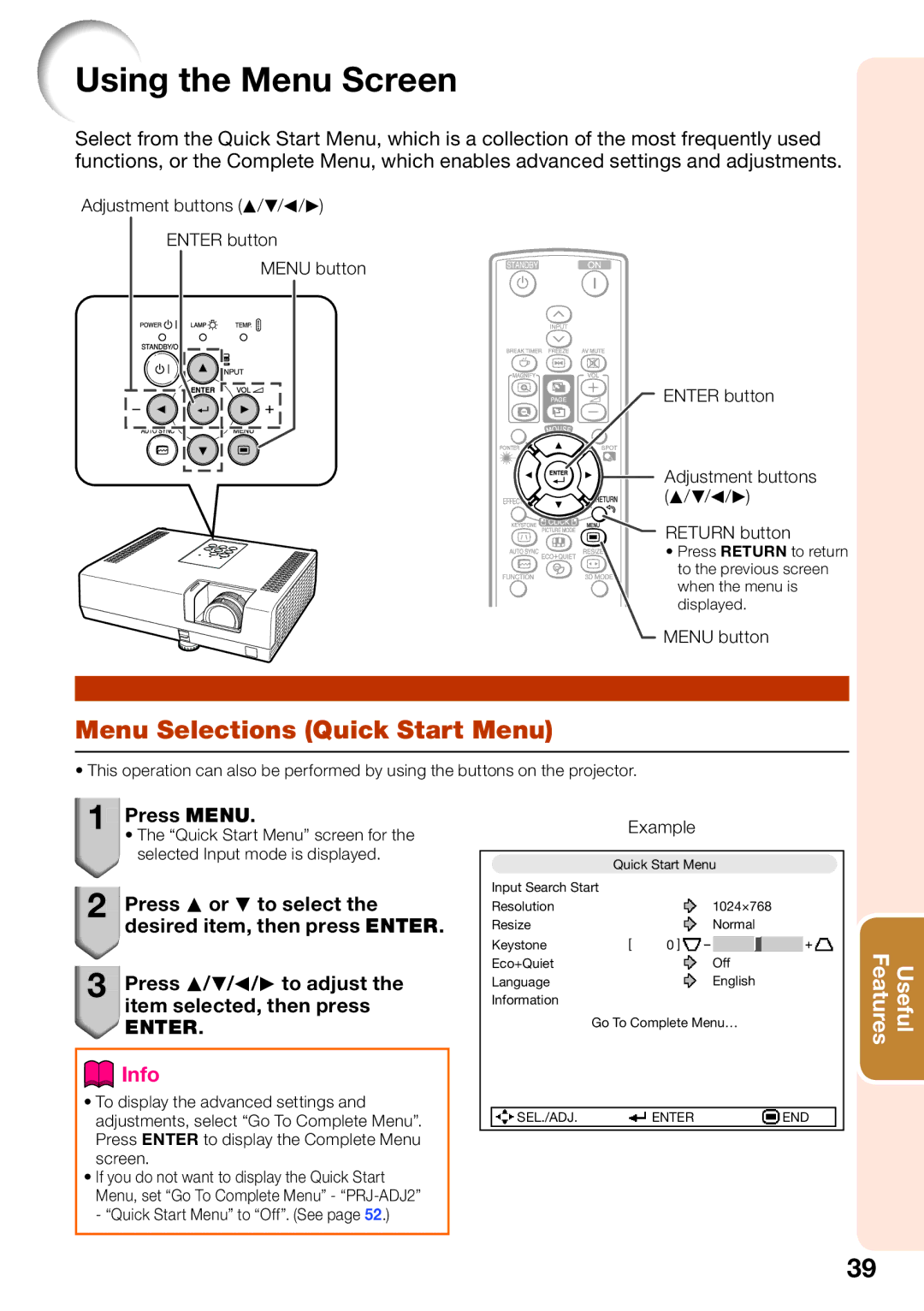 Sharp PG-D2710X, PG-D3510X, PG-D3010X appendix Using the Menu Screen, Menu Selections Quick Start Menu, Press Menu, Example 