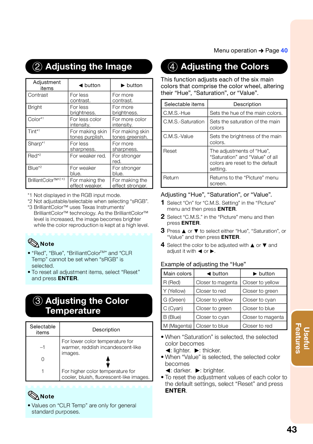 Sharp PG-D3010X Adjusting the Image, Adjusting the Color Temperature, Adjusting the Colors, Example of adjusting the Hue 