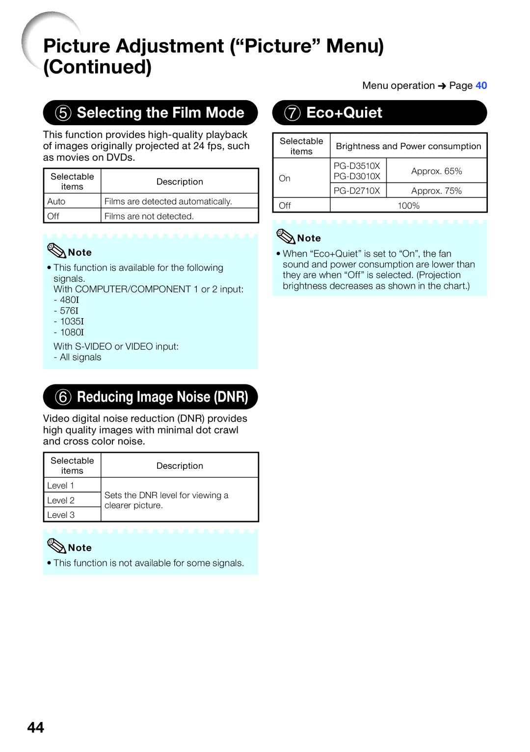 Sharp PG-D3510X, PG-D2710X, PG-D3010X appendix Selecting the Film Mode, Eco+Quiet, Reducing Image Noise DNR 