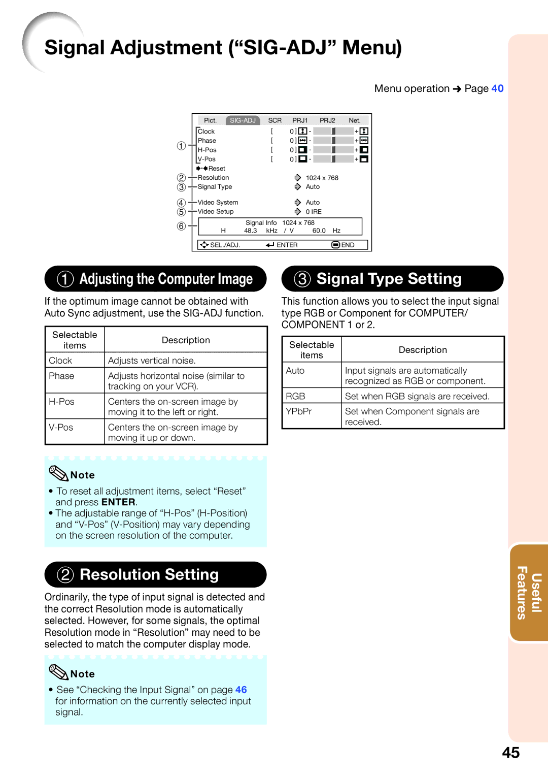 Sharp PG-D2710X, PG-D3510X, PG-D3010X appendix Signal Adjustment SIG-ADJ Menu, Signal Type Setting, Resolution Setting 