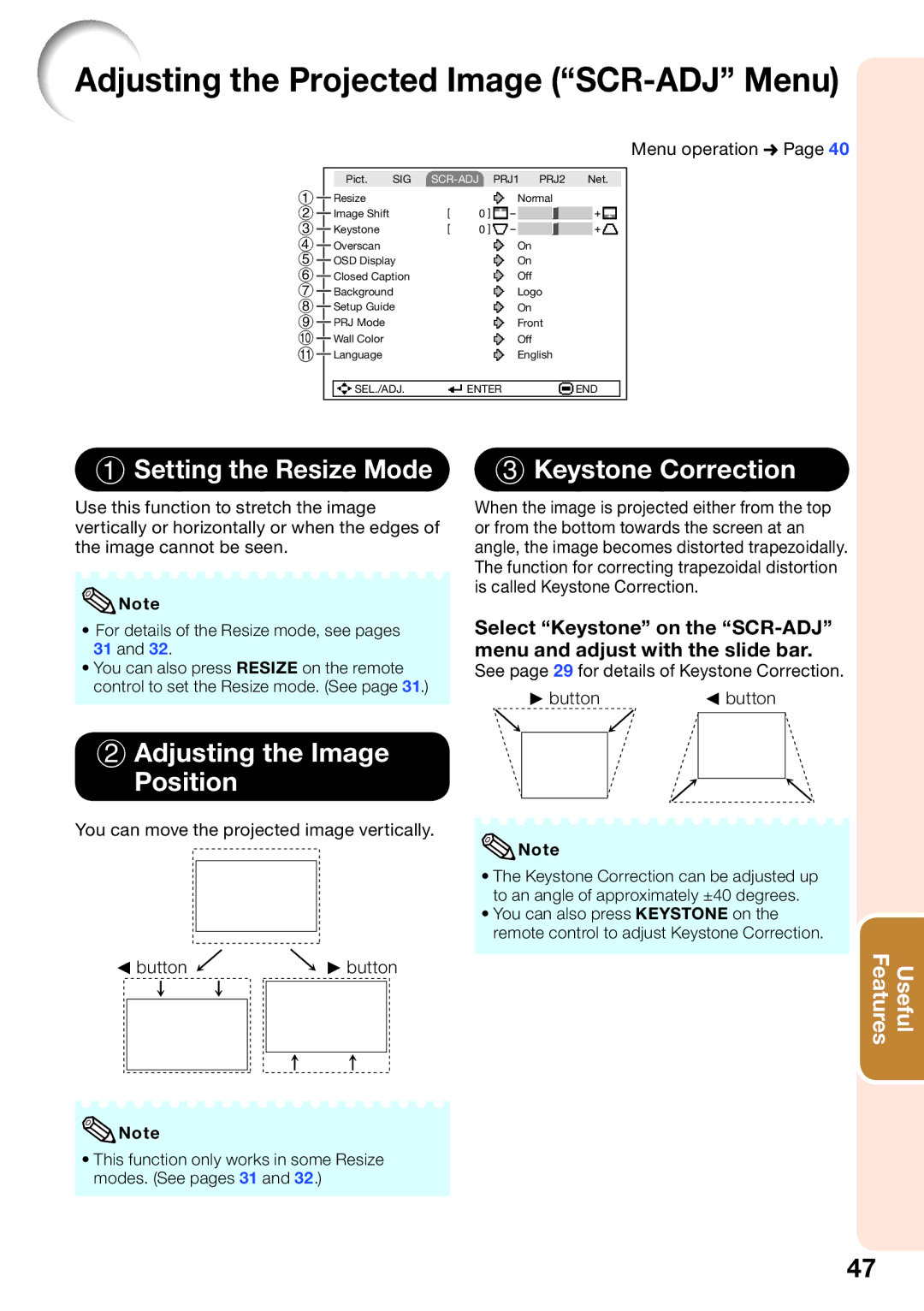 Sharp PG-D3510X, PG-D2710X appendix Adjusting the Projected Image SCR-ADJ Menu, Setting the Resize Mode, Keystone Correction 