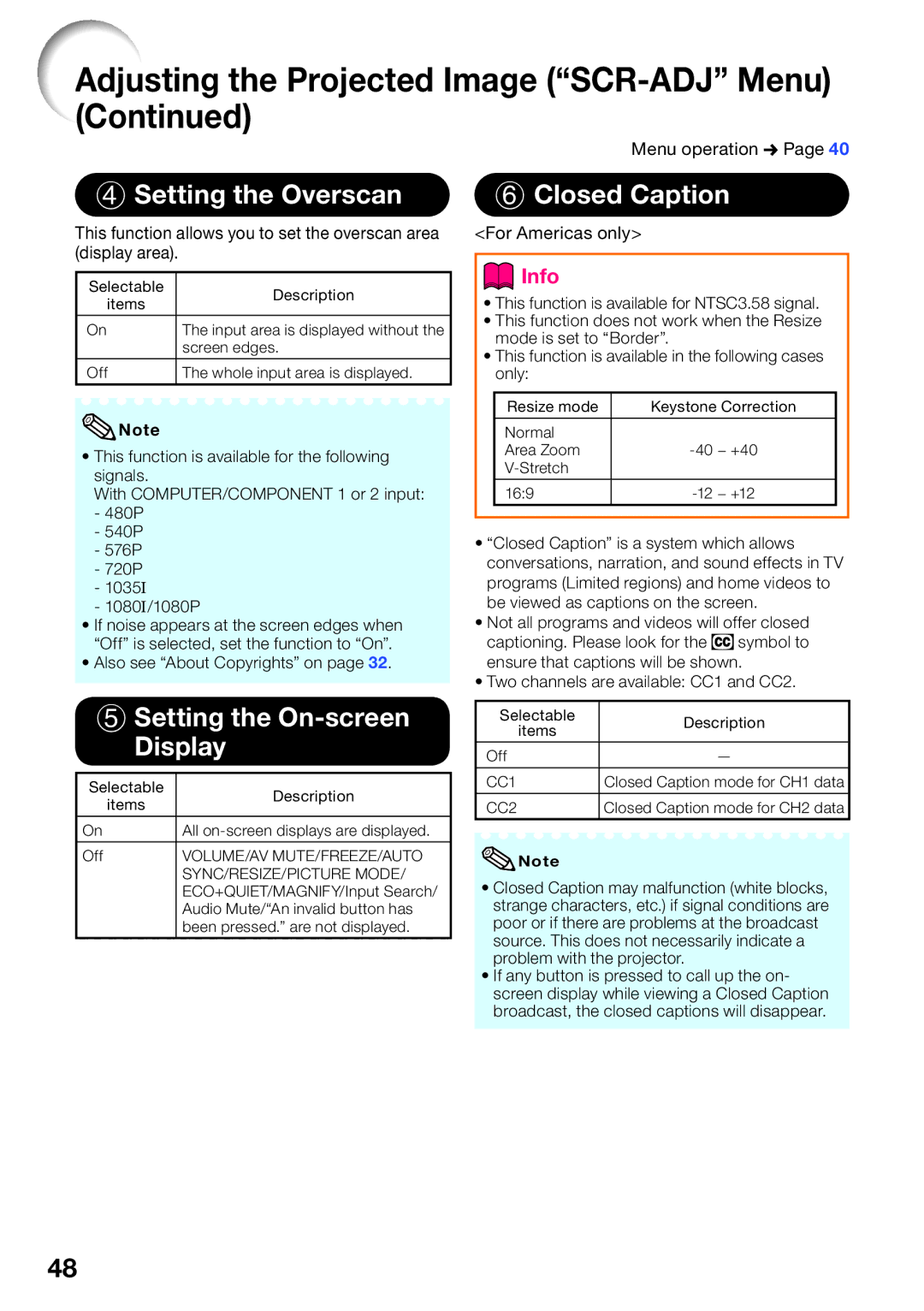 Sharp PG-D2710X, PG-D3510X appendix Setting the Overscan, Setting the On-screen Display, Closed Caption, For Americas only 