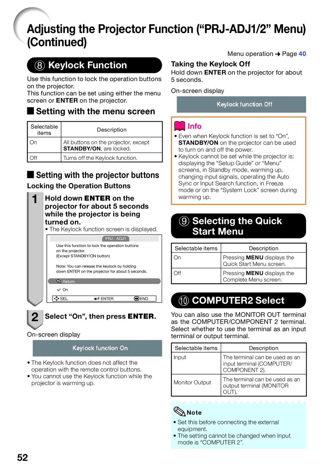 Sharp PG-D3010X appendix Adjusting the Projector Function PRJ-ADJ1/2 Menu, Keylock Function, Selecting the Quick Start Menu 