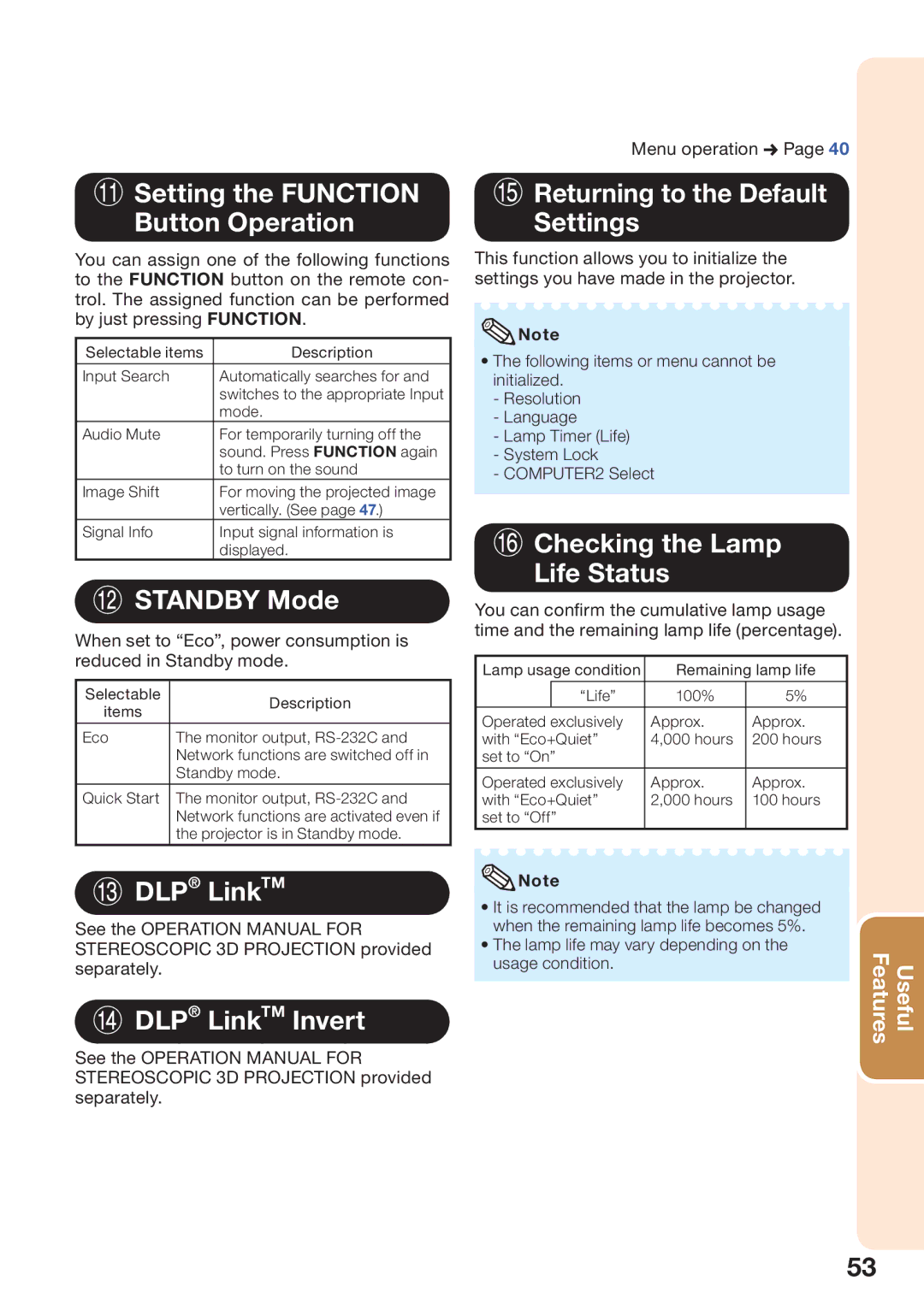 Sharp PG-D3510X, PG-D2710X appendix Setting the Function Button Operation, Standby Mode, Returning to the Default Settings 