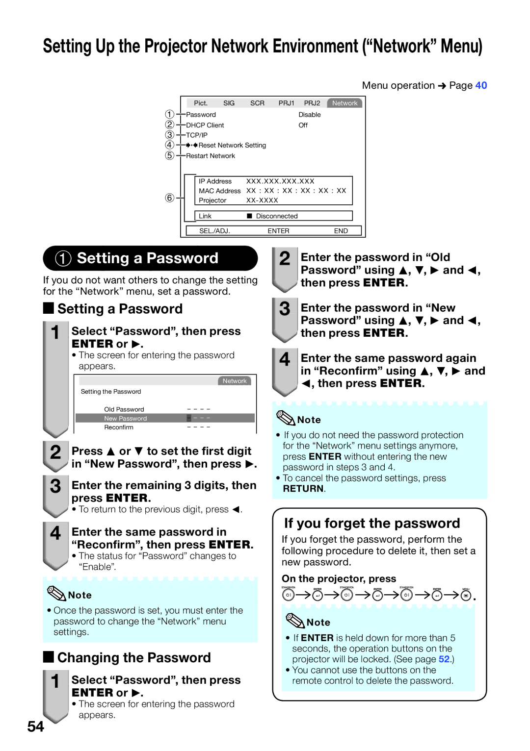 Sharp PG-D2710X, PG-D3510X, PG-D3010X Setting a Password, Select Password, then press Enter or Q, On the projector, press 