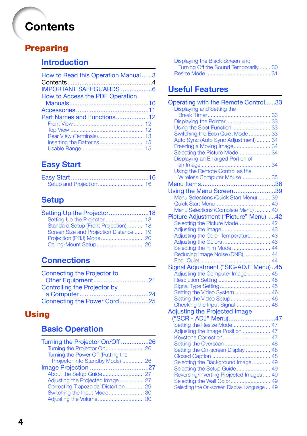 Sharp PG-D3010X, PG-D3510X, PG-D2710X appendix Contents 