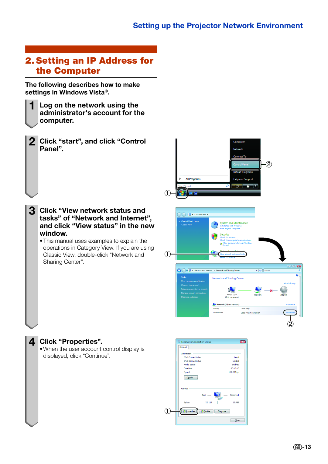 Sharp PG-D2710X, PG-D3510X, PG-D3010X specifications Setting an IP Address for the Computer 