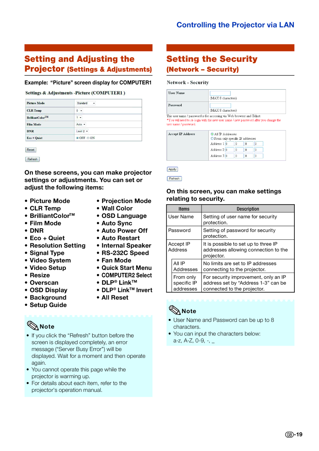 Sharp PG-D2710X, PG-D3510X, PG-D3010X specifications Setting and Adjusting, Setting the Security 