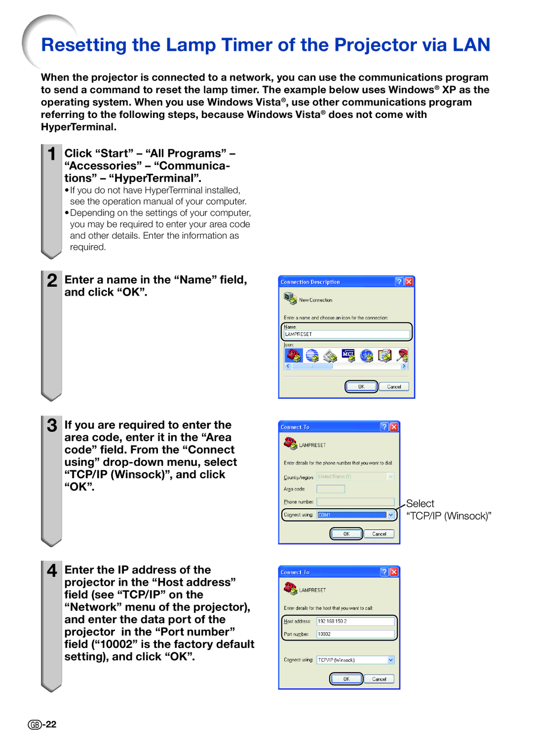 Sharp PG-D2710X, PG-D3510X, PG-D3010X specifications Resetting the Lamp Timer of the Projector via LAN 