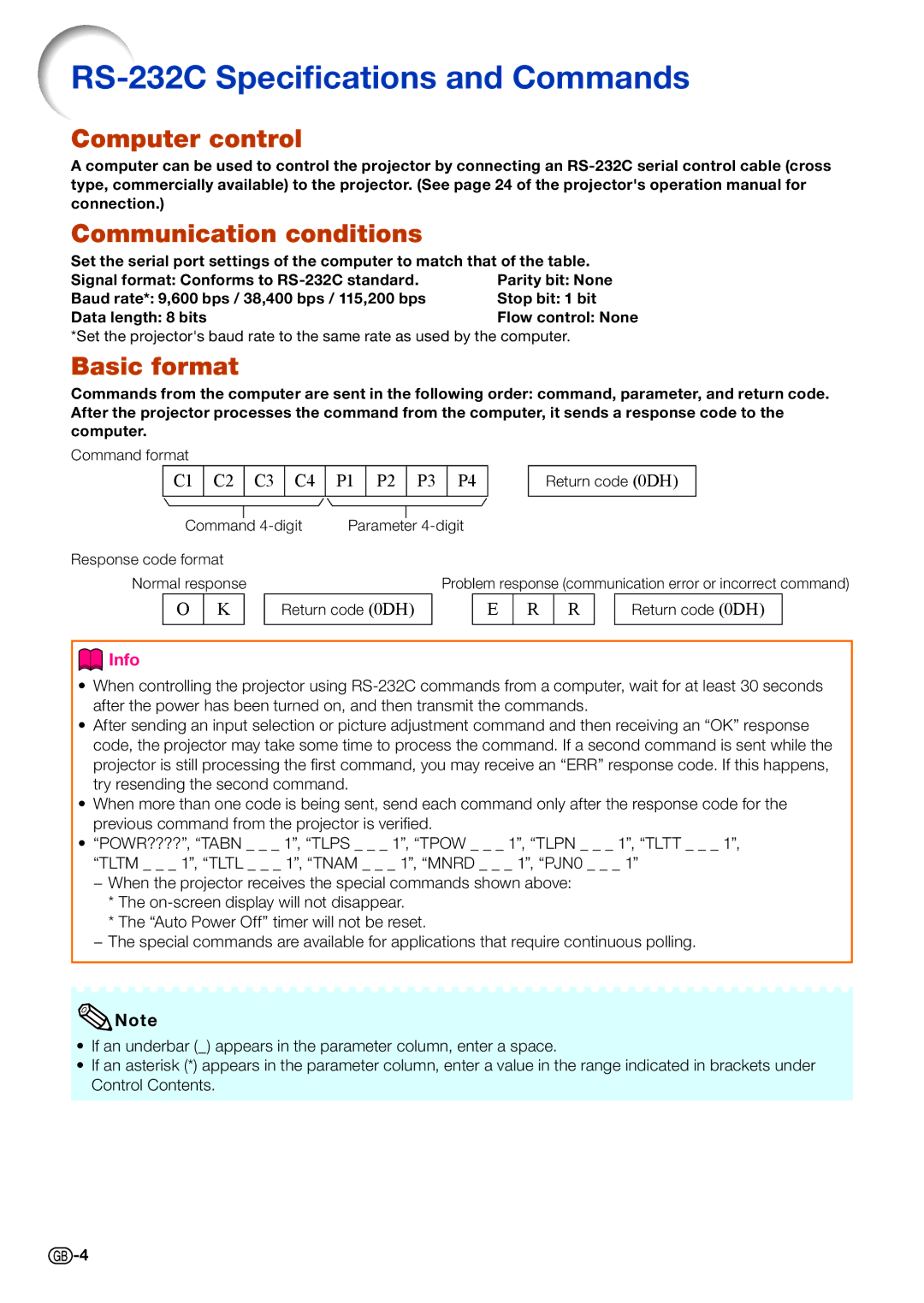 Sharp PG-D2710X, PG-D3510X RS-232C Speciﬁcations and Commands, Computer control Communication conditions, Basic format 