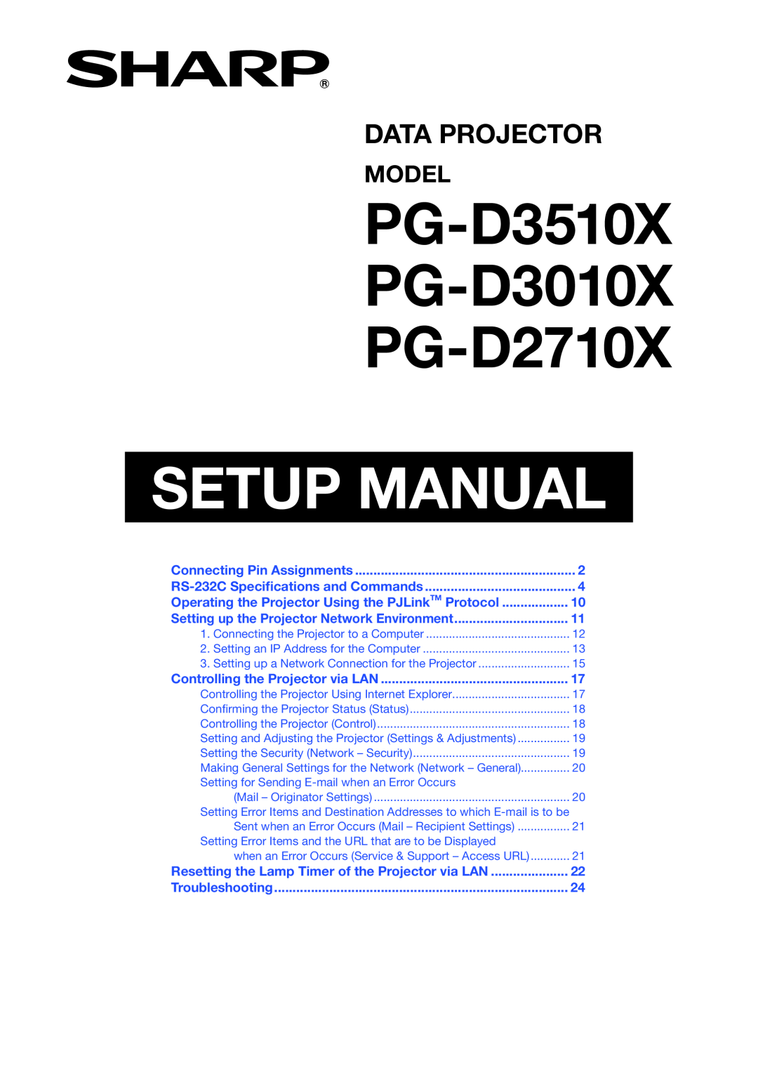 Sharp specifications PG-D3510X PG-D3010X PG-D2710X, Setup Manual, Data Projector, Model, Connecting Pin Assignments 