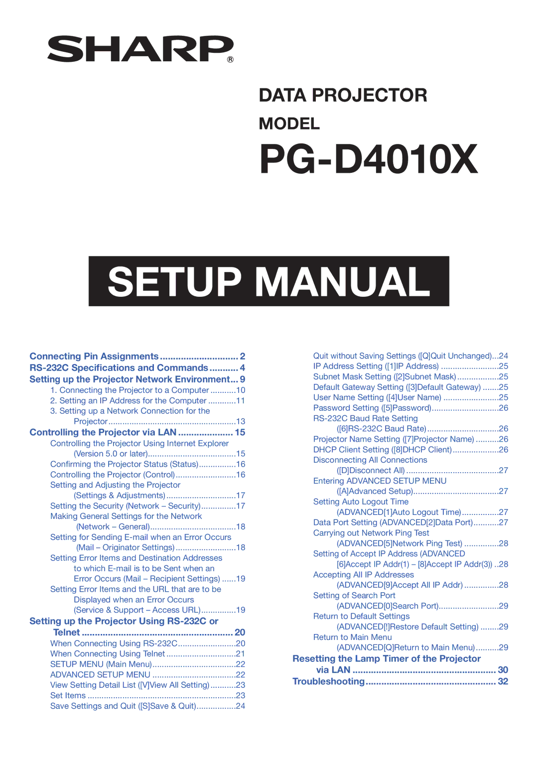 Sharp PG-D4010X specifications Setup Manual 