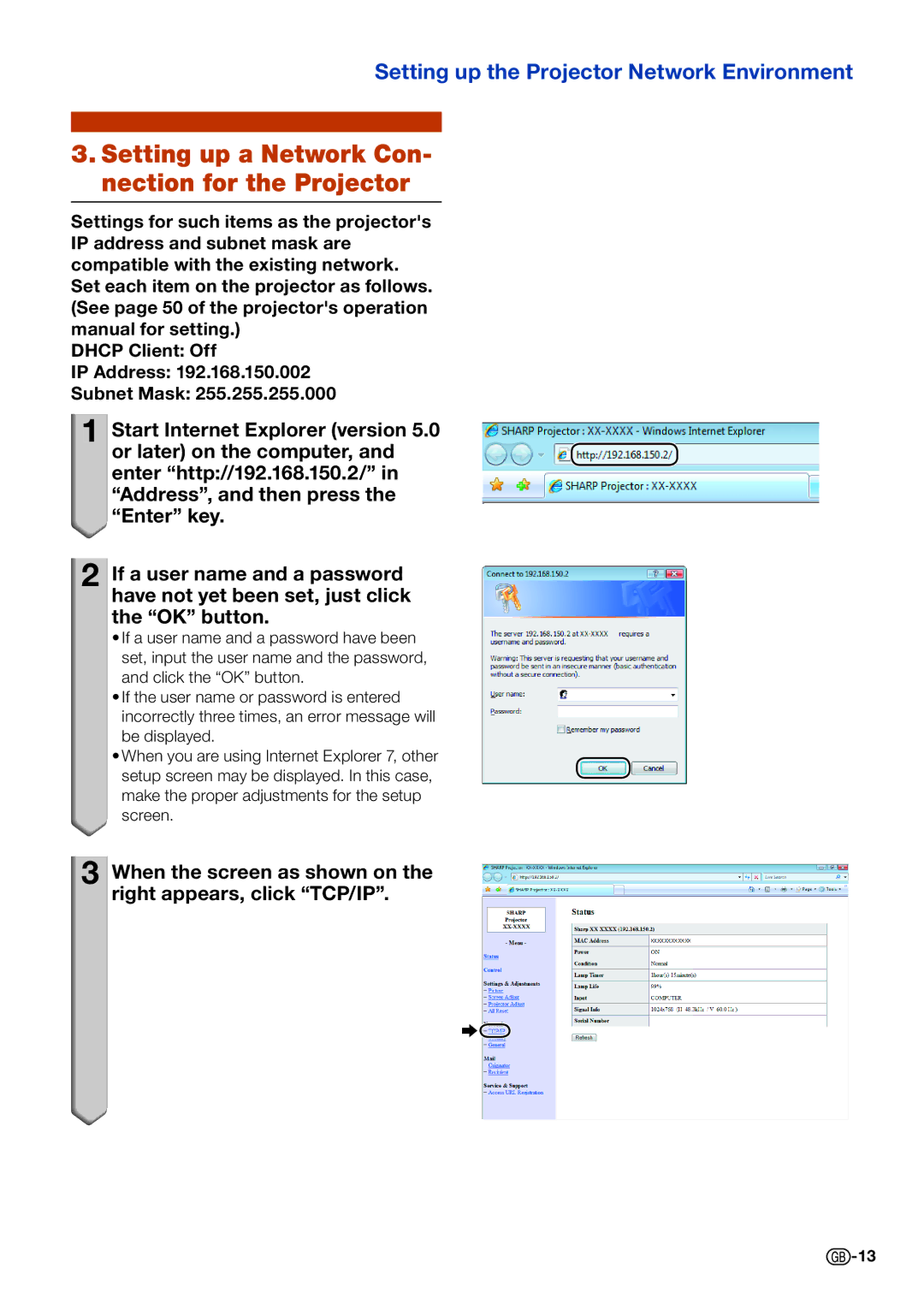 Sharp PG-D4010X specifications Setting up a Network Con- nection for the Projector 