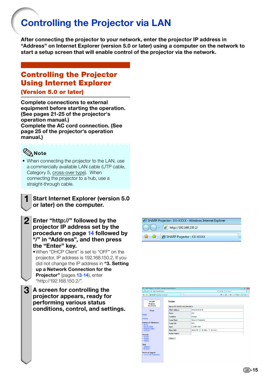 Sharp PG-D4010X Controlling the Projector via LAN, Controlling the Projector Using Internet Explorer, Version 5.0 or later 