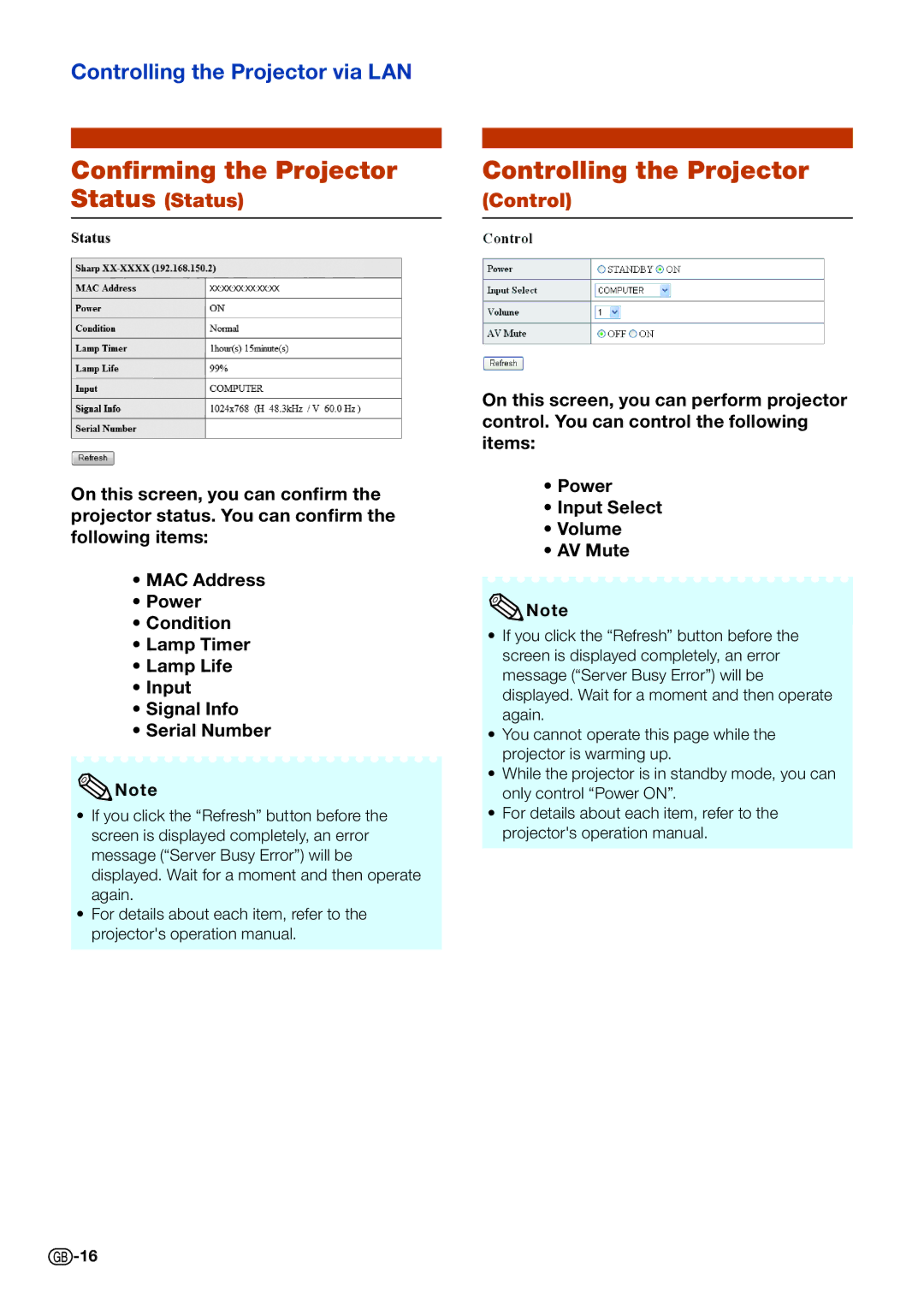 Sharp PG-D4010X specifications Conﬁrming the Projector, Controlling the Projector, Status Status 