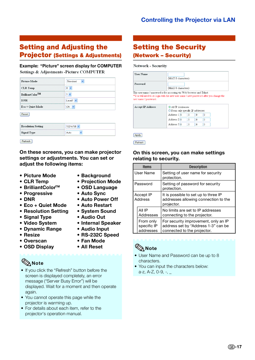 Sharp PG-D4010X Setting and Adjusting, Setting the Security, Projector Settings & Adjustments, Network Security 