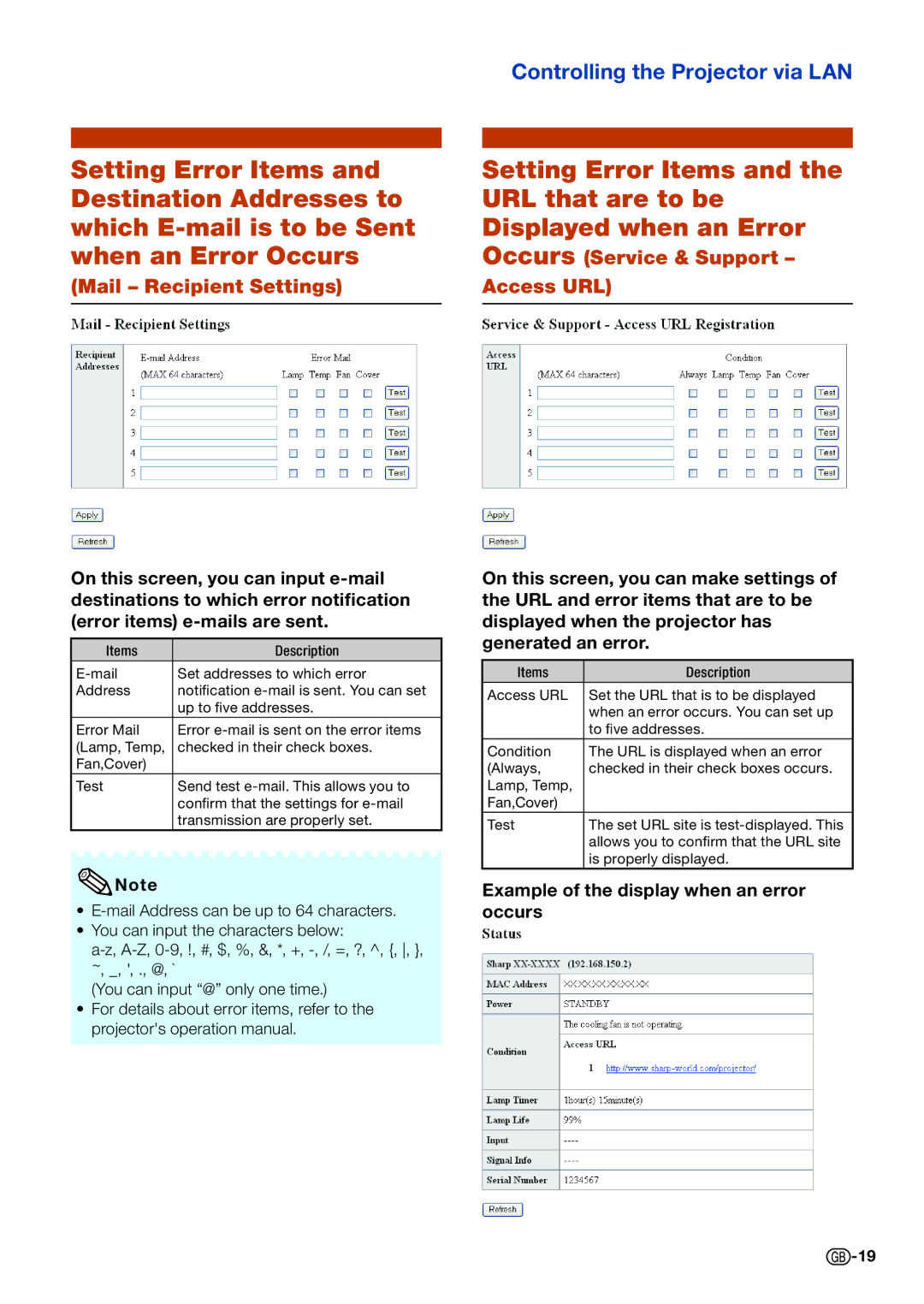 Sharp PG-D4010X specifications Mail Recipient Settings, Access URL 