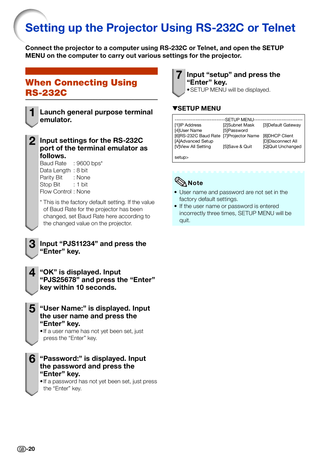 Sharp PG-D4010X specifications Setting up the Projector Using RS-232C or Telnet, When Connecting Using RS-232C 