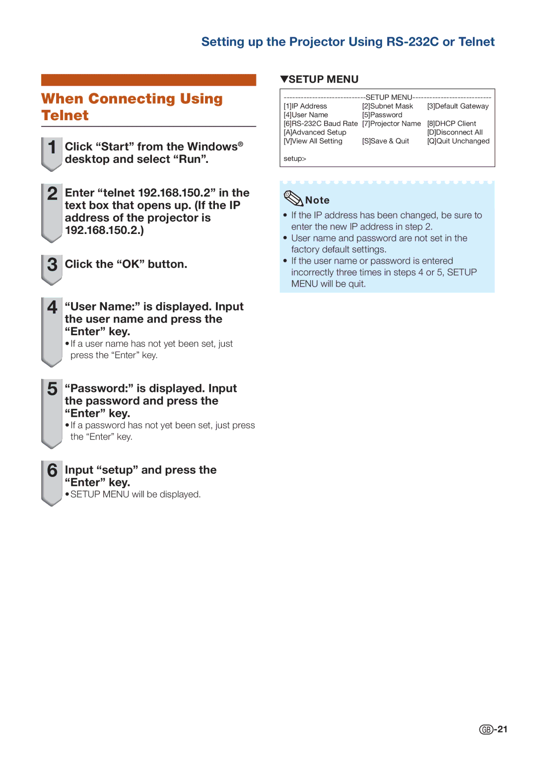 Sharp PG-D4010X specifications When Connecting Using Telnet 