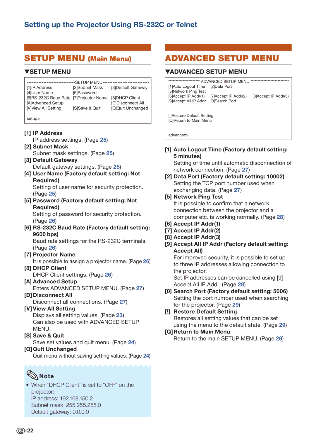 Sharp PG-D4010X specifications Setup Menu Main Menu, Advanced Setup Menu 