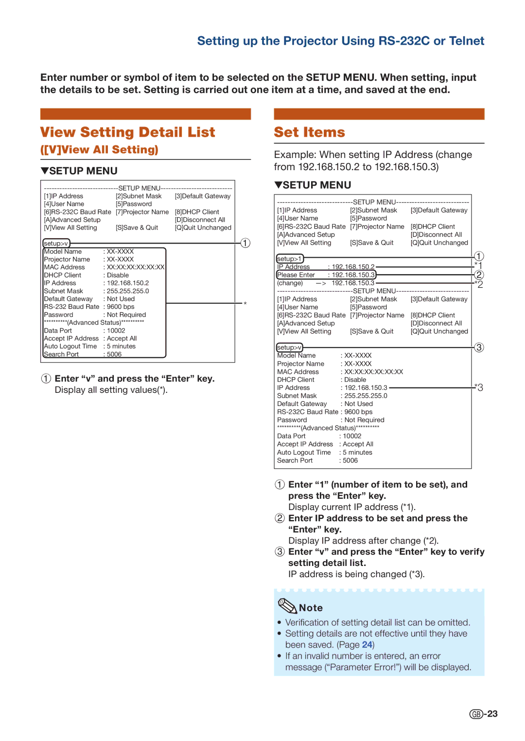 Sharp PG-D4010X specifications View Setting Detail List, Set Items, VView All Setting 