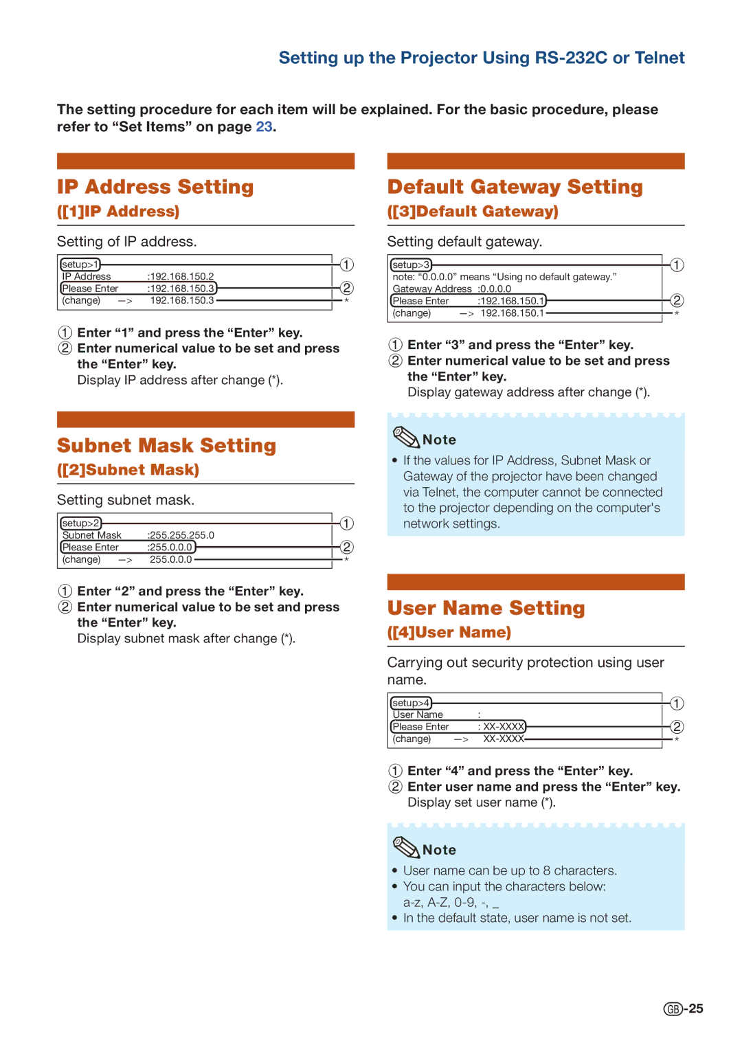 Sharp PG-D4010X specifications IP Address Setting, Default Gateway Setting, Subnet Mask Setting, User Name Setting 