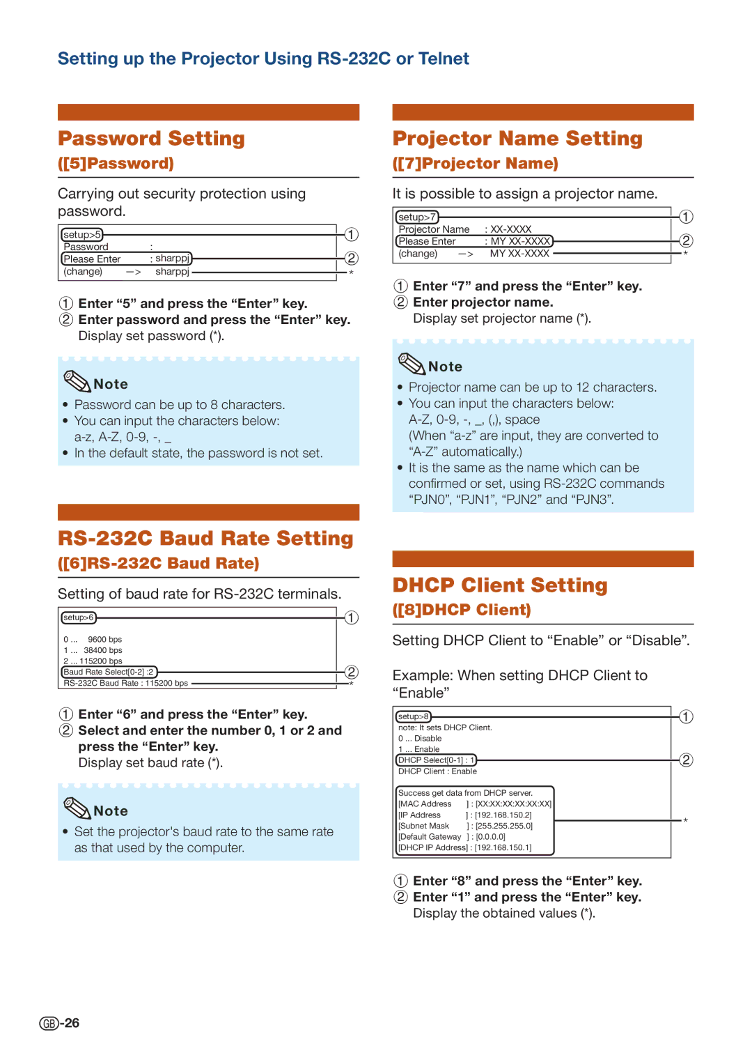 Sharp PG-D4010X specifications Password Setting, Projector Name Setting, RS-232C Baud Rate Setting, Dhcp Client Setting 