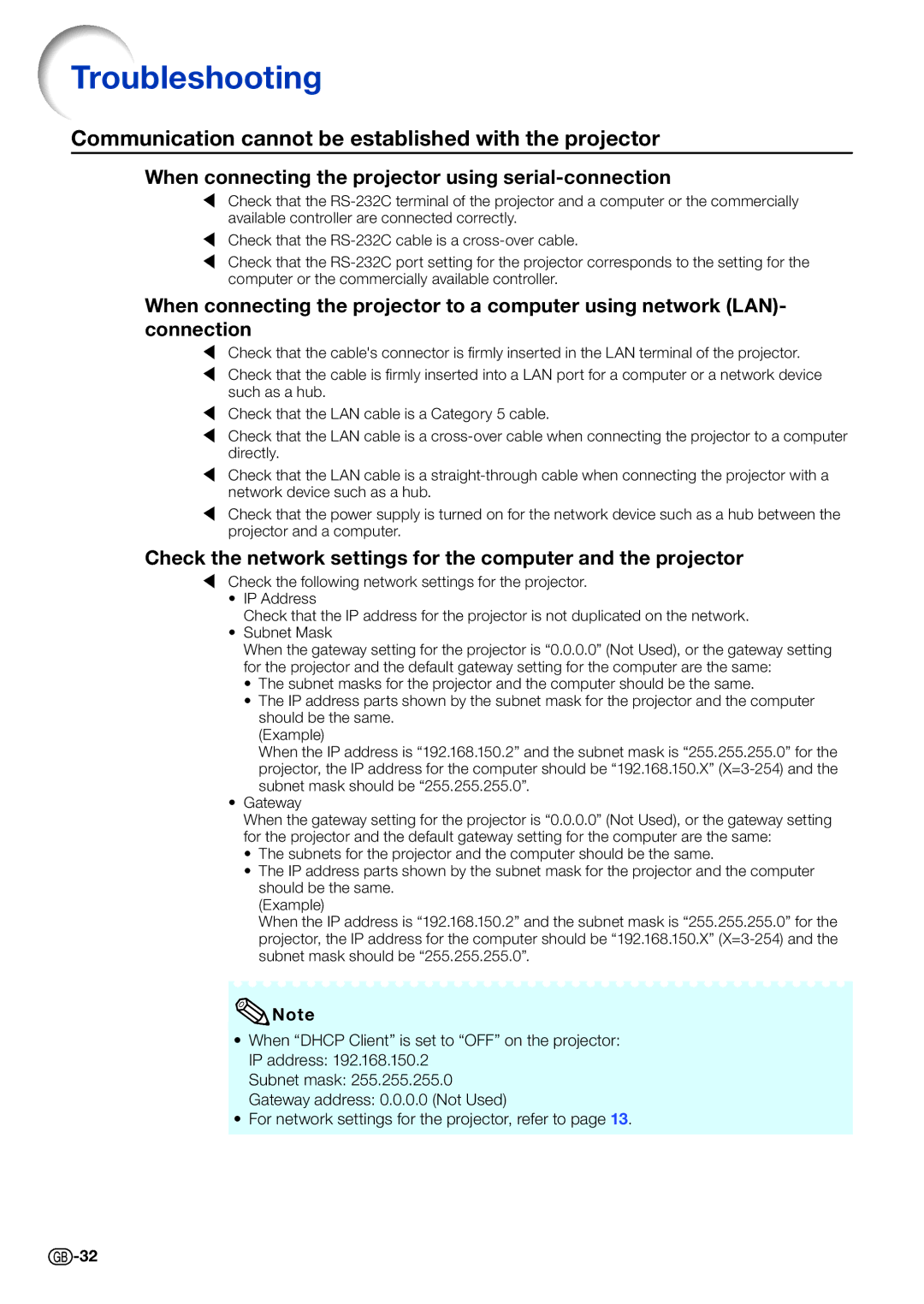 Sharp PG-D4010X specifications Troubleshooting, Communication cannot be established with the projector 