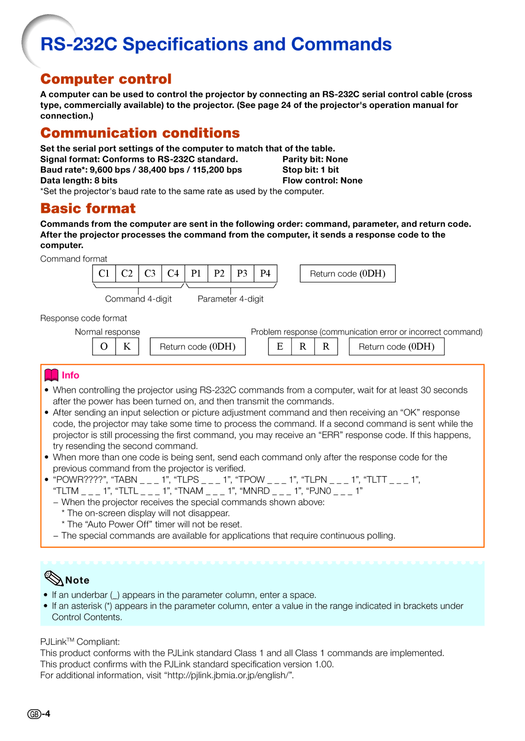 Sharp PG-D4010X specifications RS-232C Speciﬁcations and Commands, Computer control Communication conditions, Basic format 