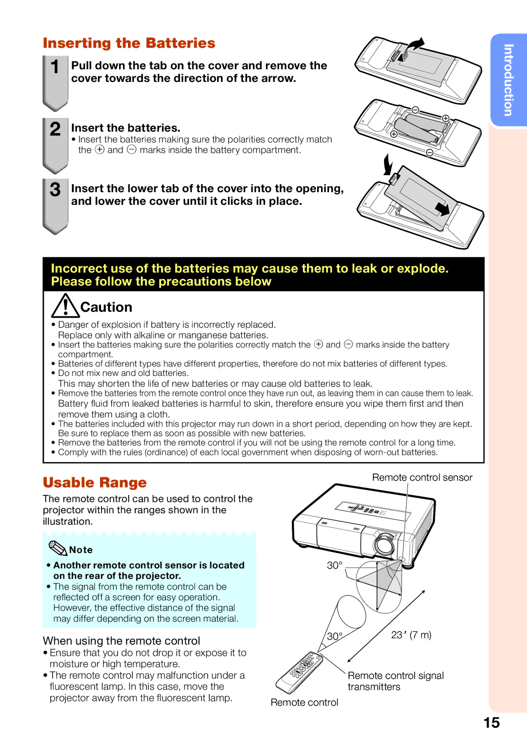 Sharp PG-D4010X quick start Inserting the Batteries, Usable Range, Remote control signal transmitters 