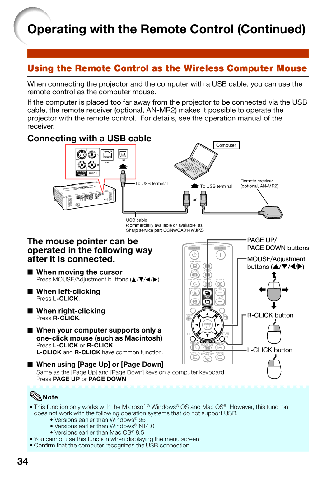 Sharp PG-D4010X Using the Remote Control as the Wireless Computer Mouse, When moving the cursor, When left-clicking 