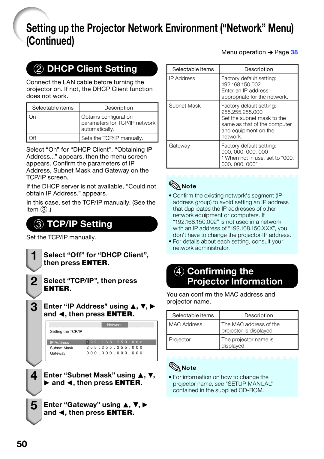 Sharp PG-D4010X quick start Setting up the Projector Network Environment Network Menu, Dhcp Client Setting, TCP/IP Setting 