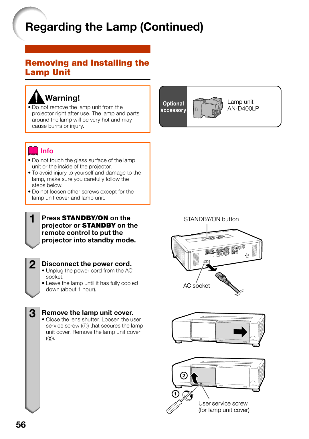 Sharp PG-D4010X quick start Removing and Installing the Lamp Unit, Remove the lamp unit cover, Lamp unit, AN-D400LP 