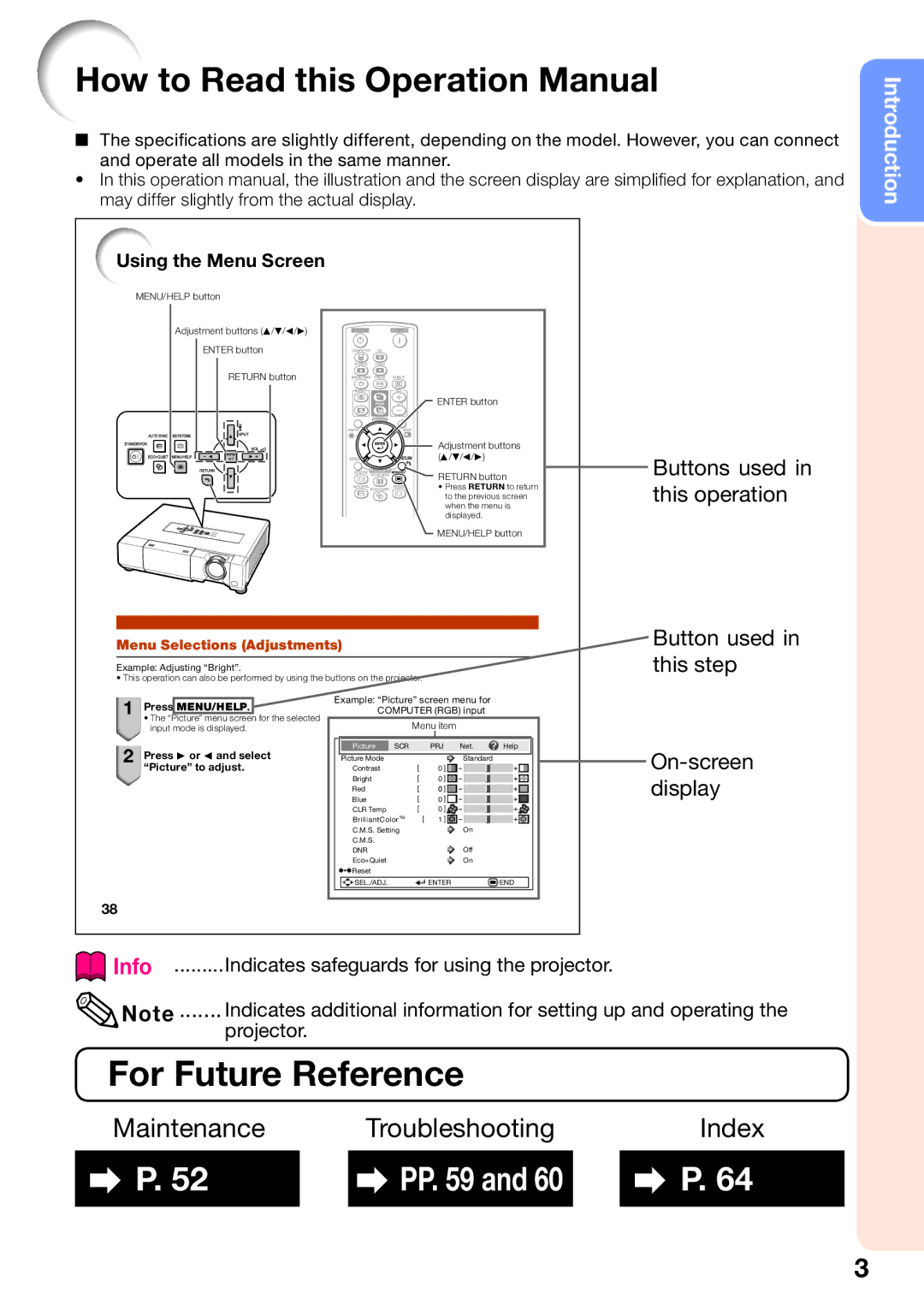 Sharp PG-D4010X quick start For Future Reference, Maintenance Troubleshooting Index, Using the Menu Screen 