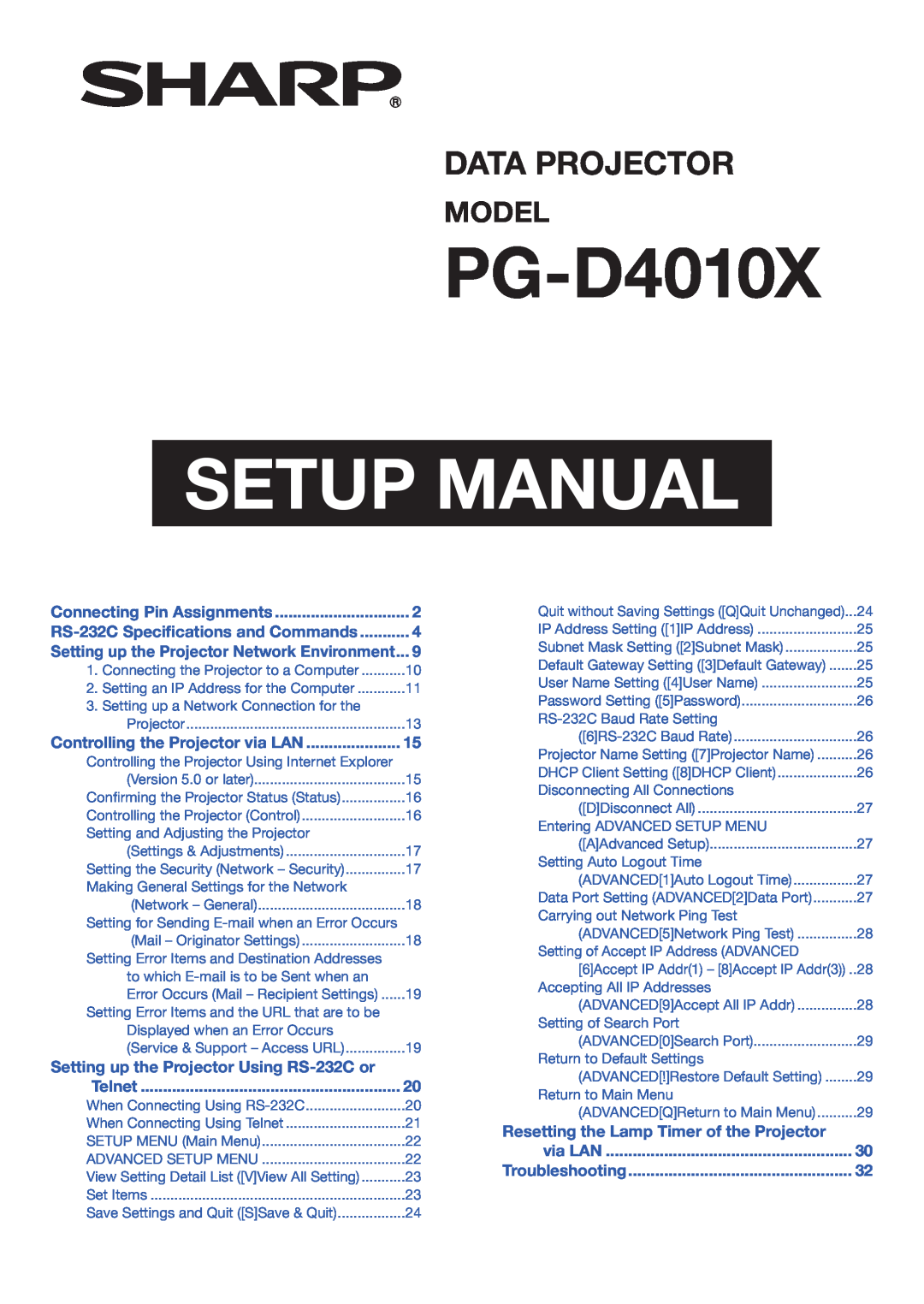 Sharp PG-D4010X specifications Setup Manual, Data Projector, Model, Connecting Pin Assignments, Telnet, via LAN 