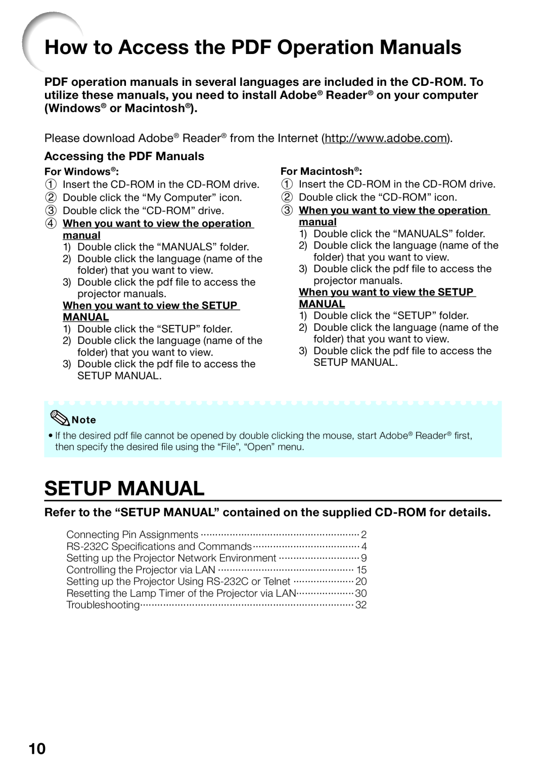 Sharp PG-D4010X quick start How to Access the PDF Operation Manuals, Setup Manual, Accessing the PDF Manuals 