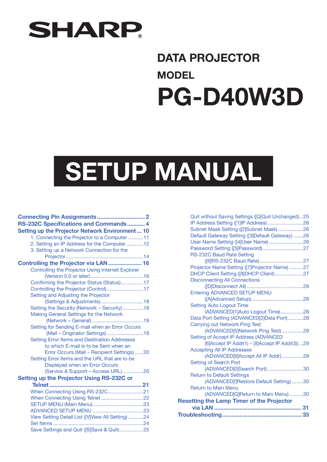 Sharp PG-D40W3D specifications Setup Manual 